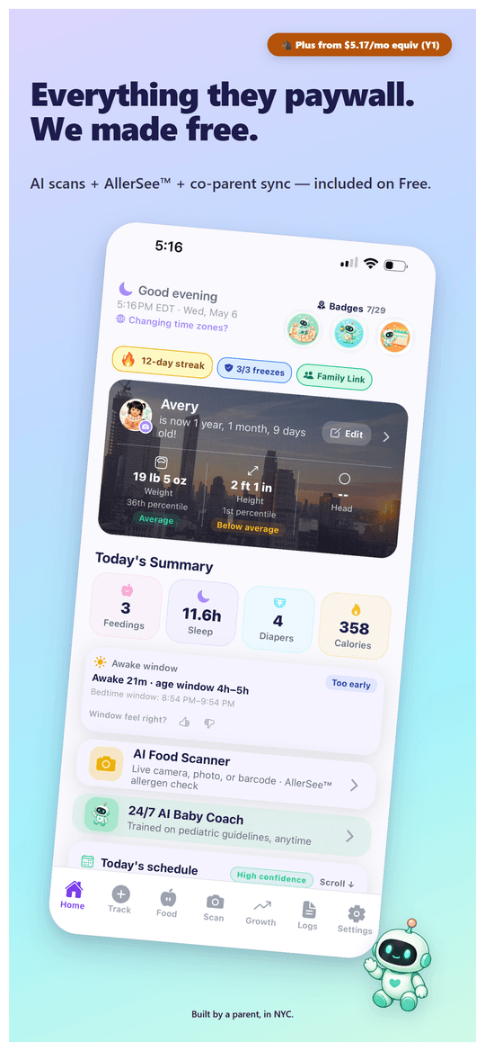 Baby Ledger AI home screen showing today's nutrients, recent feedings, and Saurus mascot