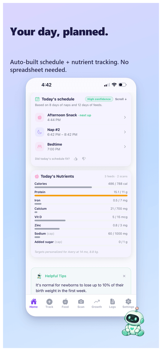 AI-generated daily schedule and today's nutrient summary for the baby
