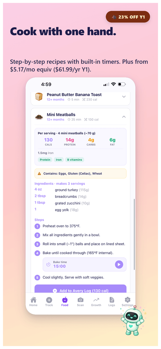 Easy recipe view with built-in cooking timer and nutrition macros